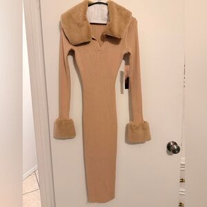 NWT Elegant Tan Ribbed Midi Dress with Faux Fur Accents (Small)